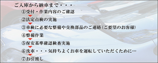 ①受付・作業内容のご確認 ②法定点検の実施 ③車検に必要な整備や交換部品のご連絡(ご要望のお客様) ④整備作業 ➄保安基準確認検査実施 ⑥洗車・・・気持ちよくお車を運転していただくために… ➆お引渡し